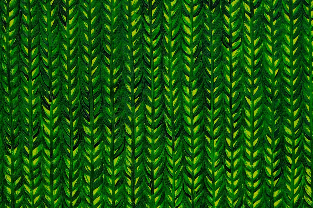Detail of green knitting-style painting by Jeong Wookyung